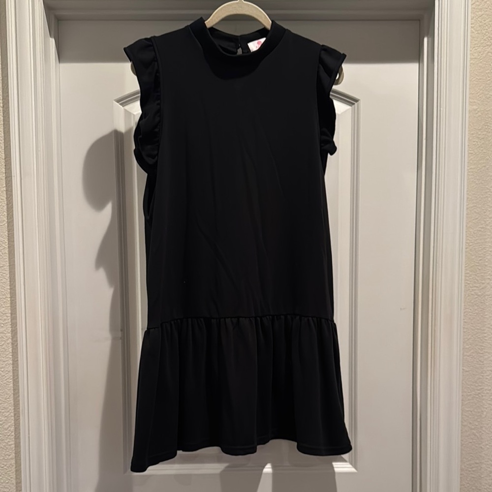 Apple Black Ruffled Peplum Dress Mock Neck